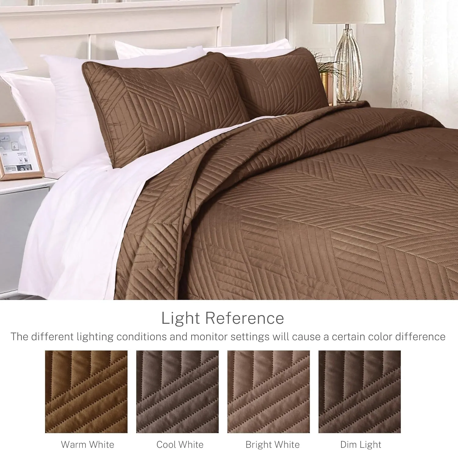 Exclusivo Mezcla Ultrasonic Full Queen Quilt Bedding Set, Lightweight Brown Bedspreads Soft Modern Geometric Coverlet Set for All Seasons (1 Quilt and 2 Pillow Shams)