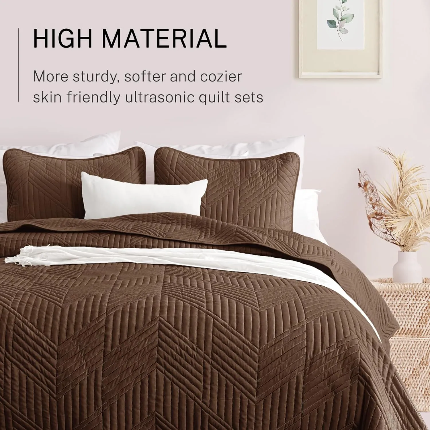 Exclusivo Mezcla Ultrasonic Full Queen Quilt Bedding Set, Lightweight Brown Bedspreads Soft Modern Geometric Coverlet Set for All Seasons (1 Quilt and 2 Pillow Shams)