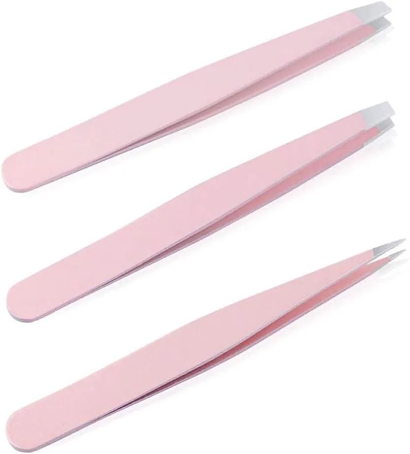 Eyebrow Grooming Beauty Tool ， Trimmer ，3 Pcs Eyebrow Tweezers Stainless Steel Hair Removal Makeup Tool Kit with Bag Point Tip/Slant Tip/Flat Tip Pink(Pink)