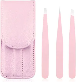 Eyebrow Grooming Beauty Tool ， Trimmer ，3 Pcs Eyebrow Tweezers Stainless Steel Hair Removal Makeup Tool Kit with Bag Point Tip/Slant Tip/Flat Tip Pink(Pink)