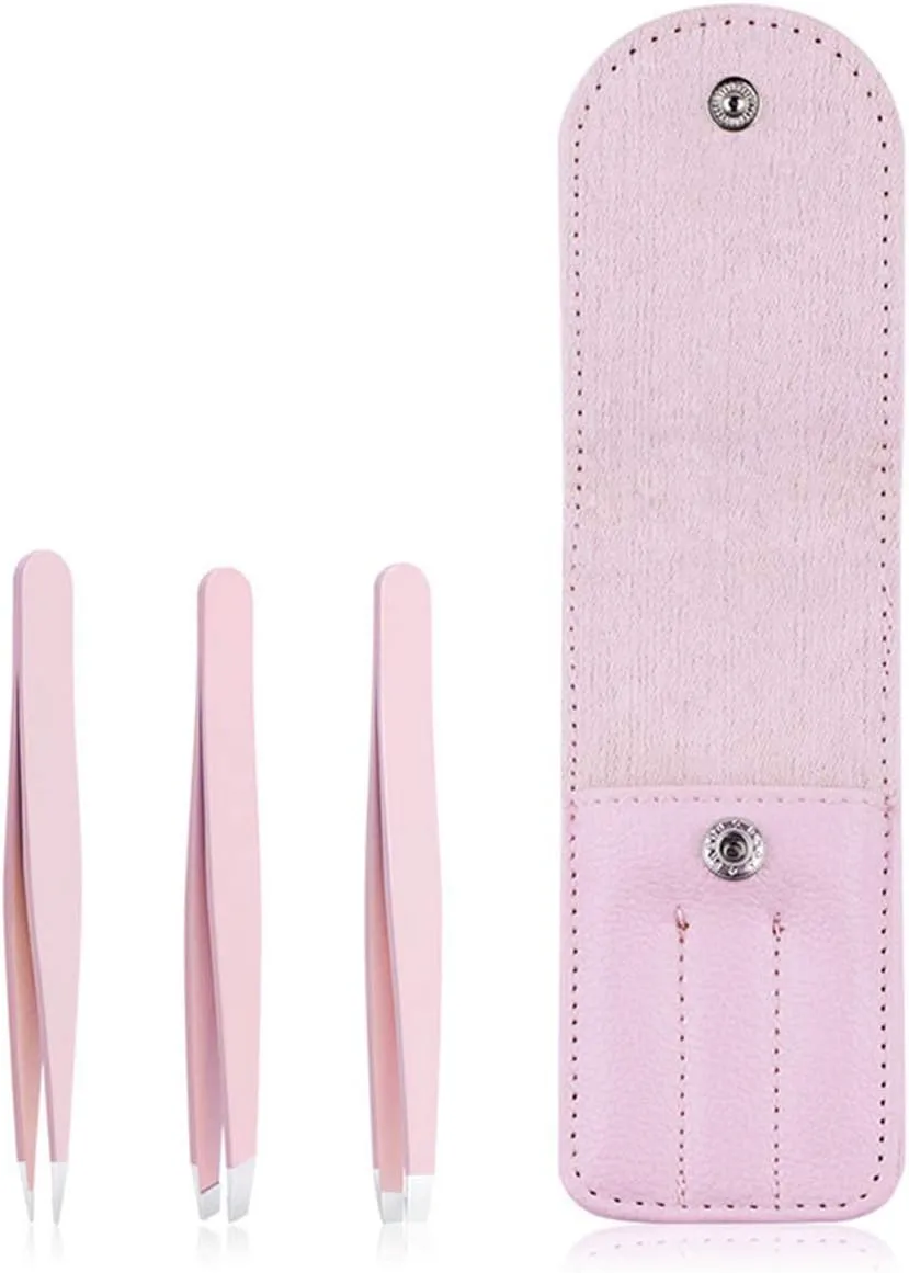 Eyebrow Grooming Beauty Tool ， Trimmer ，3 Pcs Eyebrow Tweezers Stainless Steel Hair Removal Makeup Tool Kit with Bag Point Tip/Slant Tip/Flat Tip Pink(Pink)