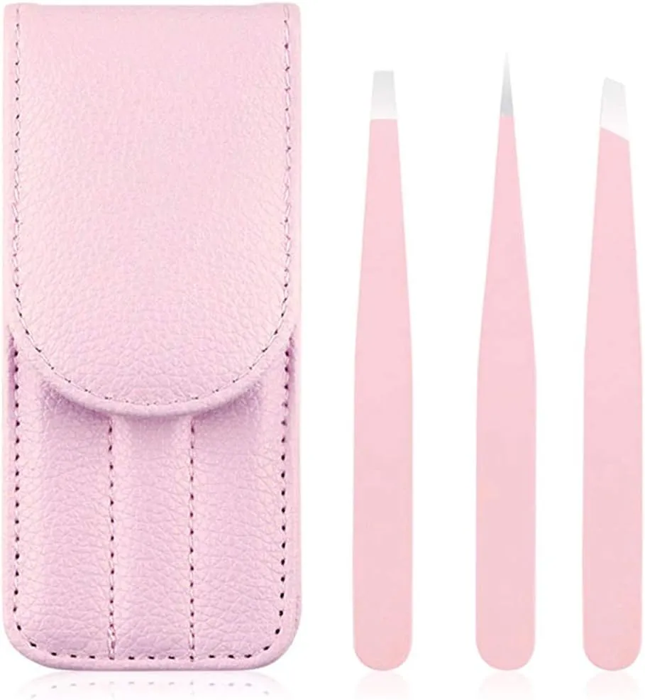 Eyebrow Grooming Beauty Tool ， Trimmer ，3 Pcs Eyebrow Tweezers Stainless Steel Hair Removal Makeup Tool Kit with Bag Point Tip/Slant Tip/Flat Tip Pink(Pink)
