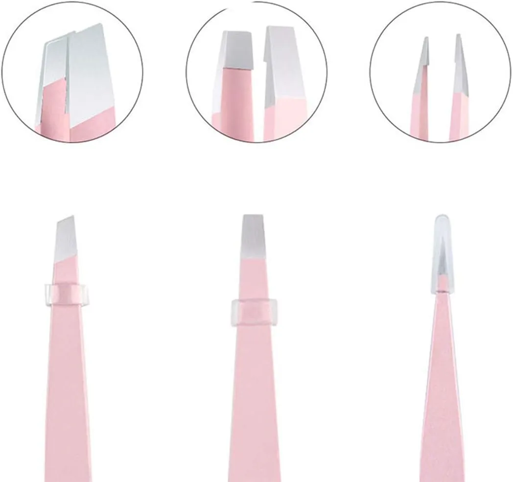 Eyebrow Grooming Beauty Tool ， Trimmer ，3 Pcs Eyebrow Tweezers Stainless Steel Hair Removal Makeup Tool Kit with Bag Point Tip/Slant Tip/Flat Tip Pink(Pink)