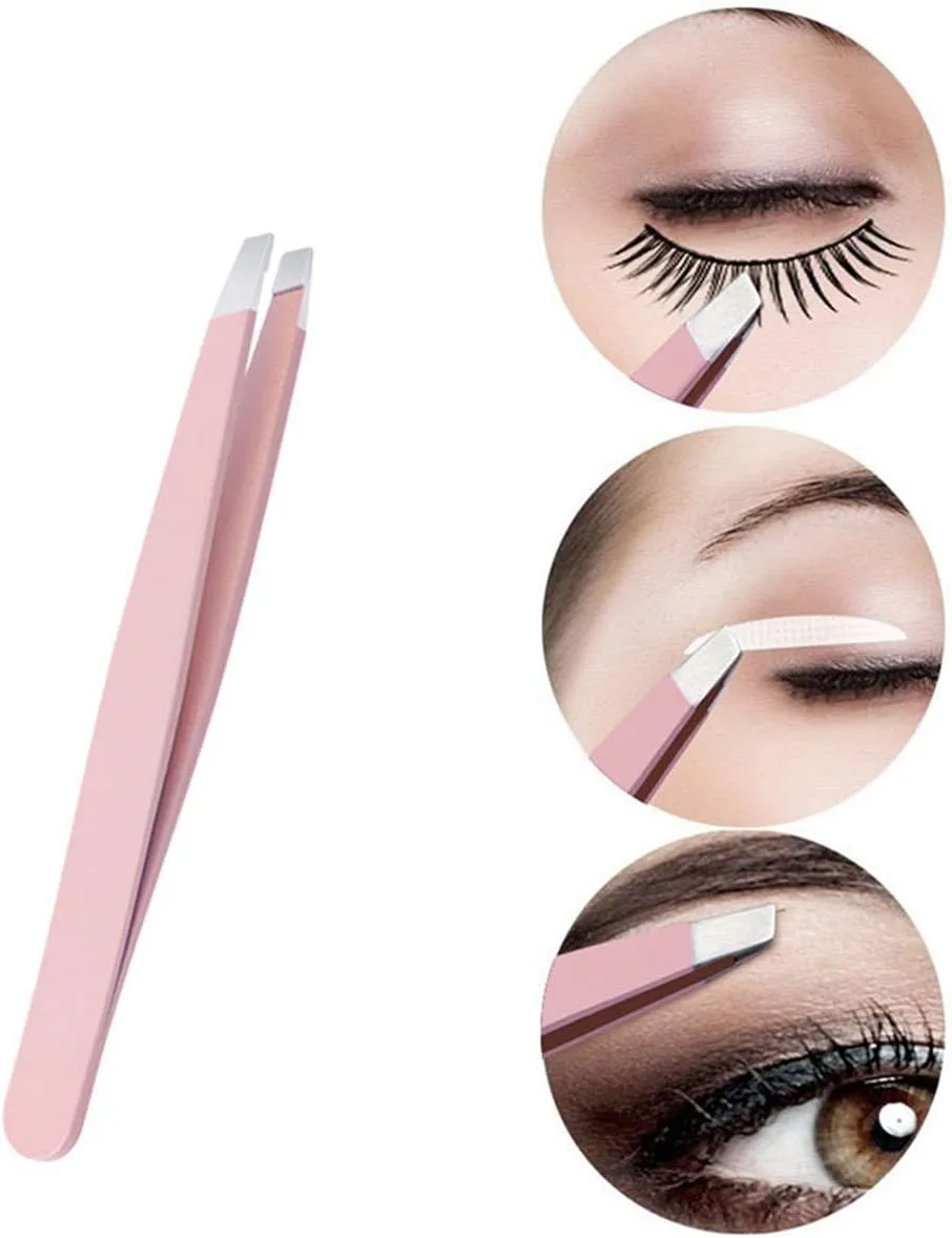 Eyebrow Grooming Beauty Tool ， Trimmer ，3 Pcs Eyebrow Tweezers Stainless Steel Hair Removal Makeup Tool Kit with Bag Point Tip/Slant Tip/Flat Tip Pink(Pink)