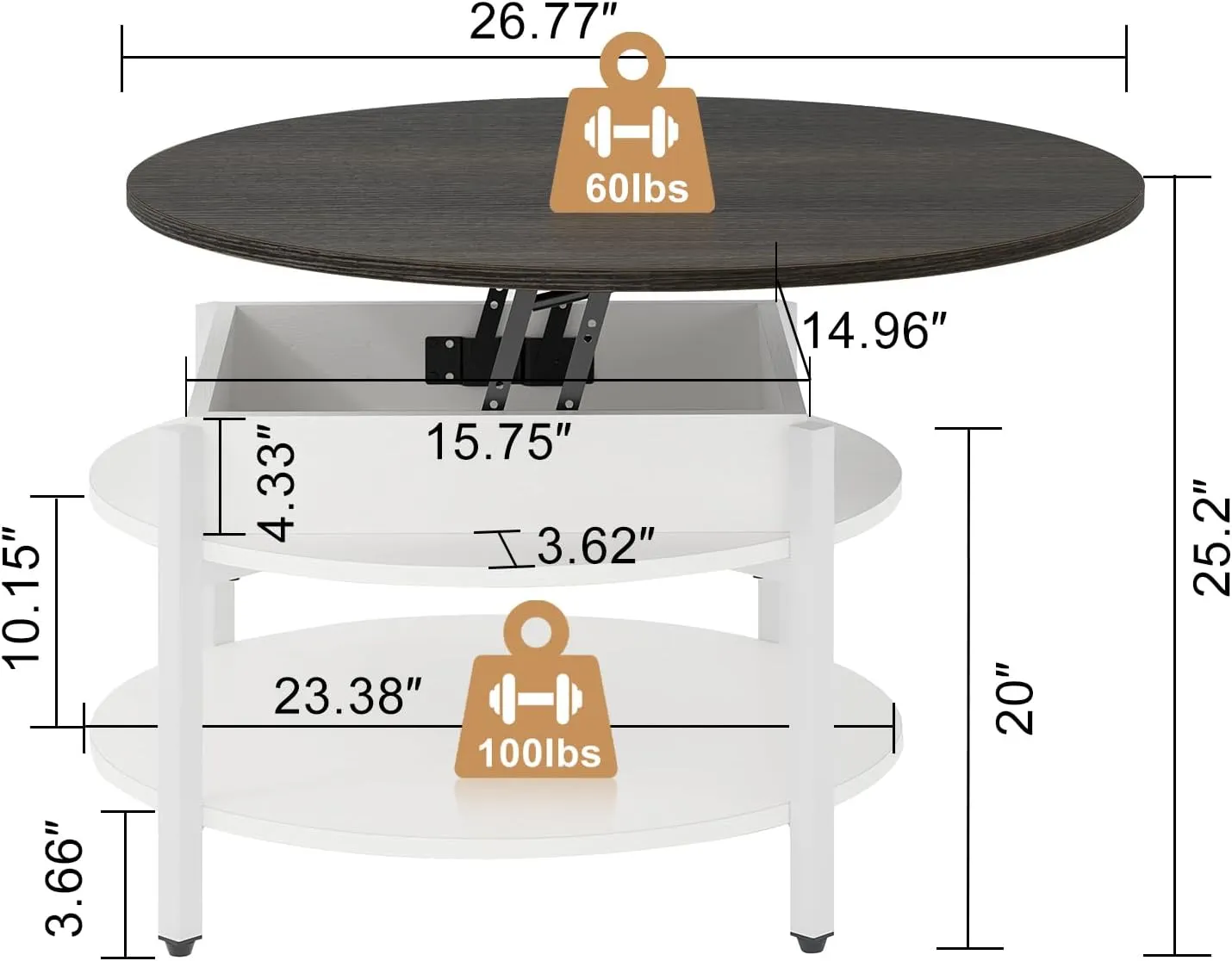 FABATO Round Lift Top Coffee Table with Storage and Hidden Compartment, 26.77'' Farmhouse Coffee Table for Living Room Reception Room, 2 Tier Small Round Coffee Table Circle Dining Table, White