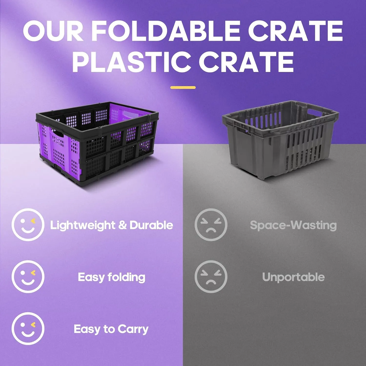 FAHKNS 60L Portable Collapsible Storage Bins,Large Capacity Foldable Milk Crates,Heavy Duty Storage Container for Bethroom,Office,Outdoor,Warehouse,Garden,Toys,Foldable Utility Crates for Organizing