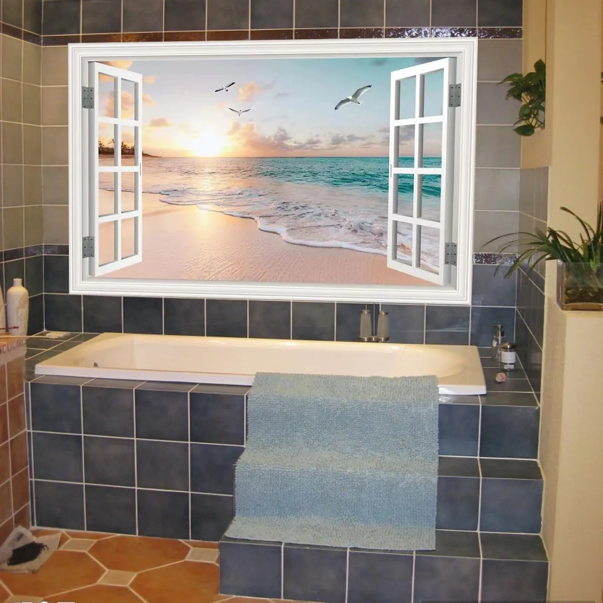 Fake Window Wall Decal Summer Sunset Beach Seascape Faux Window Sticker Office Poster Picture Art Decor，Stick and Peel Natural Scenery Landscape Coastal Ocean Scene Mural 48"x32"Set of 2 Sheets