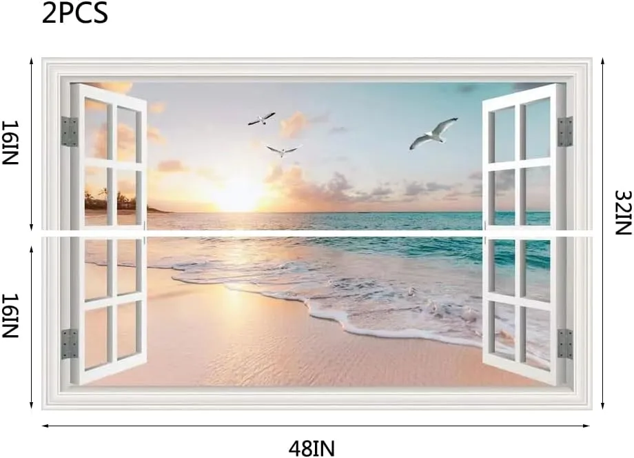 Fake Window Wall Decal Summer Sunset Beach Seascape Faux Window Sticker Office Poster Picture Art Decor，Stick and Peel Natural Scenery Landscape Coastal Ocean Scene Mural 48"x32"Set of 2 Sheets