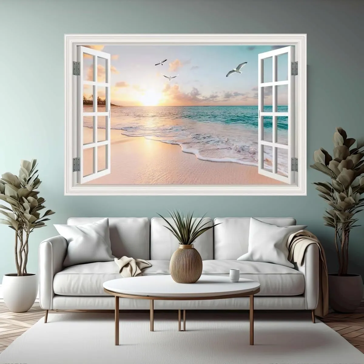 Fake Window Wall Decal Summer Sunset Beach Seascape Faux Window Sticker Office Poster Picture Art Decor，Stick and Peel Natural Scenery Landscape Coastal Ocean Scene Mural 48"x32"Set of 2 Sheets