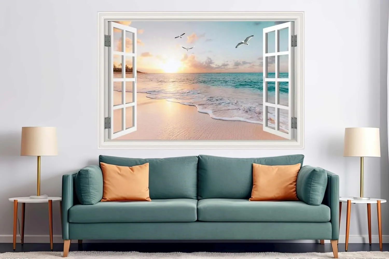 Fake Window Wall Decal Summer Sunset Beach Seascape Faux Window Sticker Office Poster Picture Art Decor，Stick and Peel Natural Scenery Landscape Coastal Ocean Scene Mural 48"x32"Set of 2 Sheets