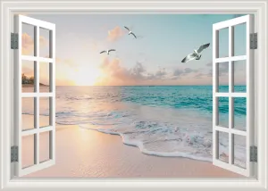 Fake Window Wall Decal Summer Sunset Beach Seascape Faux Window Sticker Office Poster Picture Art Decor，Stick and Peel Natural Scenery Landscape Coastal Ocean Scene Mural 48"x32"Set of 2 Sheets