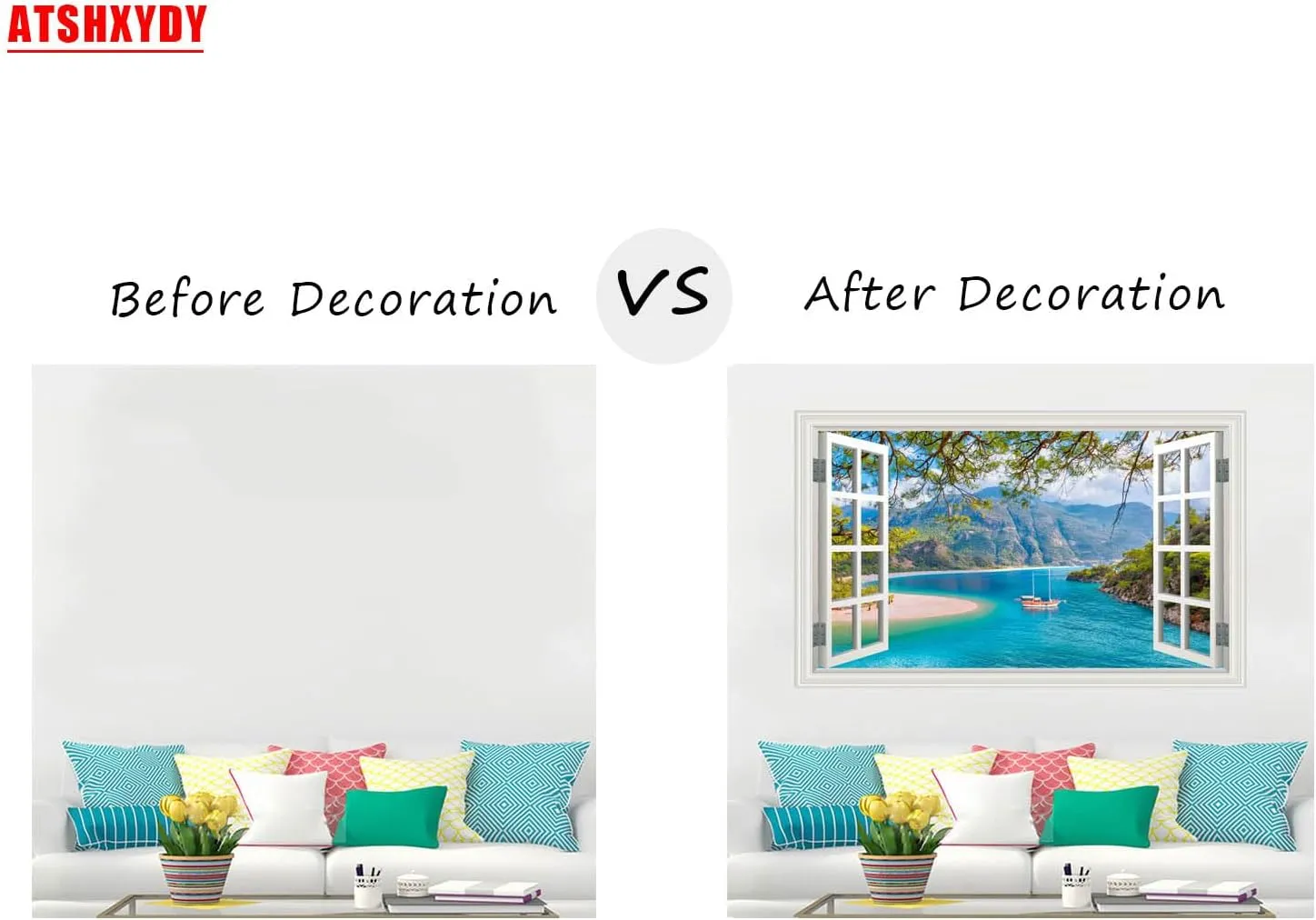 Fake Window Wall Sticker Summer Forest Mountain Trees Lake Faux Window Poster Decals Picture Open Office Wall Art Decor, Stick and Peel Natural Scenery Scene Mural 48"x32",Set of 2 Sheets