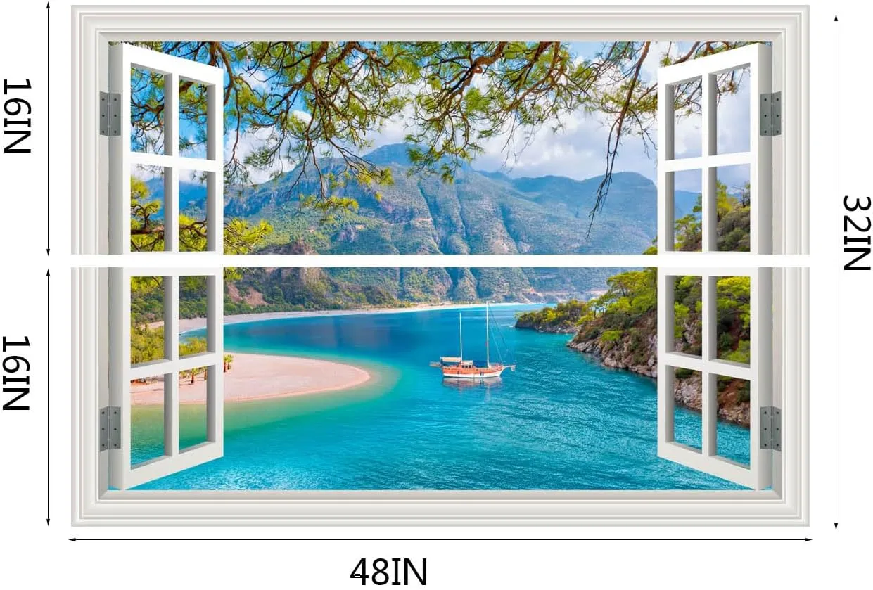 Fake Window Wall Sticker Summer Forest Mountain Trees Lake Faux Window Poster Decals Picture Open Office Wall Art Decor, Stick and Peel Natural Scenery Scene Mural 48"x32",Set of 2 Sheets