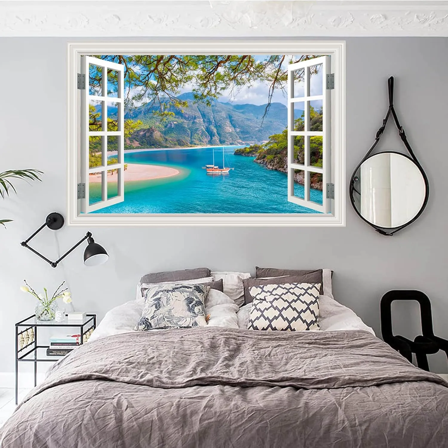 Fake Window Wall Sticker Summer Forest Mountain Trees Lake Faux Window Poster Decals Picture Open Office Wall Art Decor, Stick and Peel Natural Scenery Scene Mural 48"x32",Set of 2 Sheets
