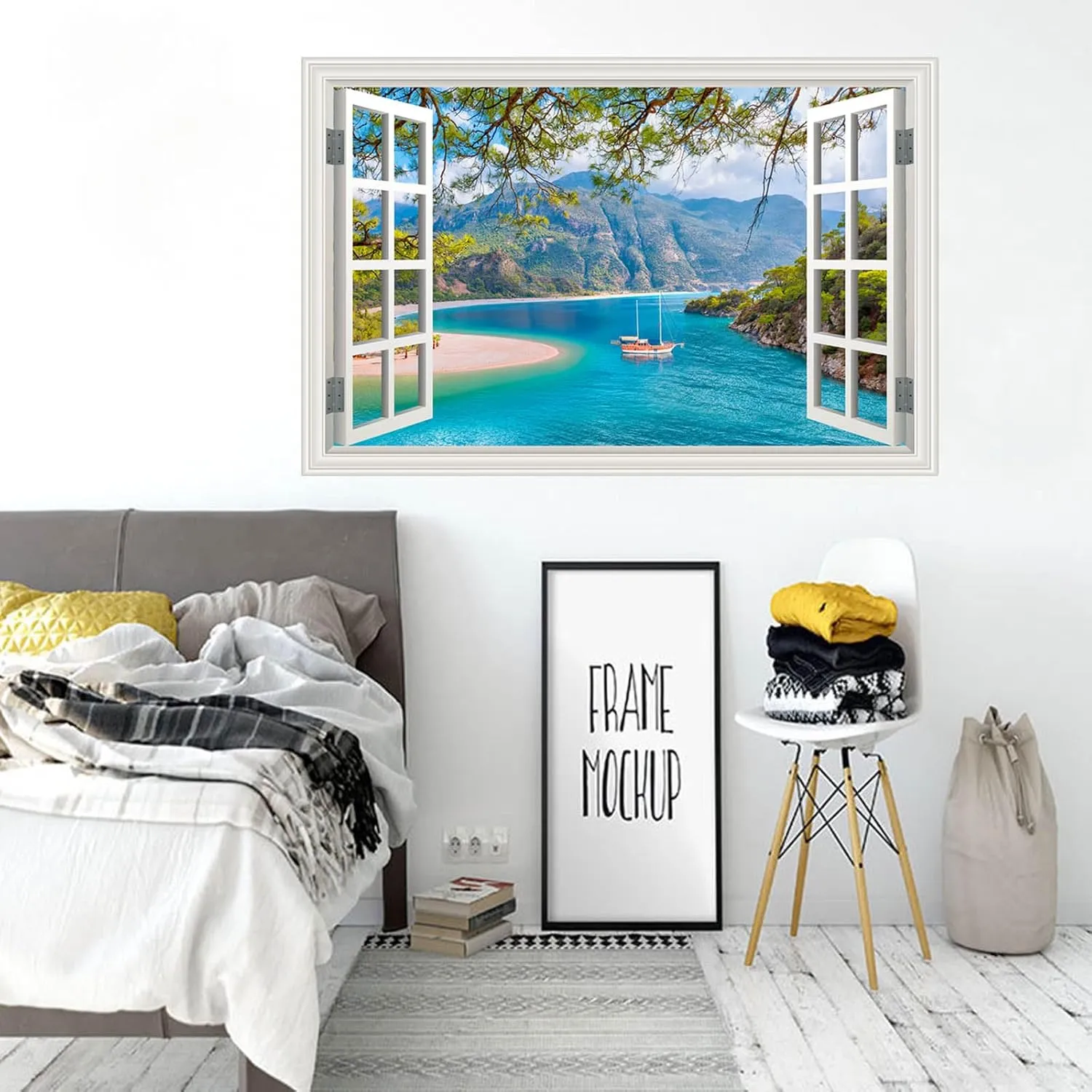 Fake Window Wall Sticker Summer Forest Mountain Trees Lake Faux Window Poster Decals Picture Open Office Wall Art Decor, Stick and Peel Natural Scenery Scene Mural 48"x32",Set of 2 Sheets
