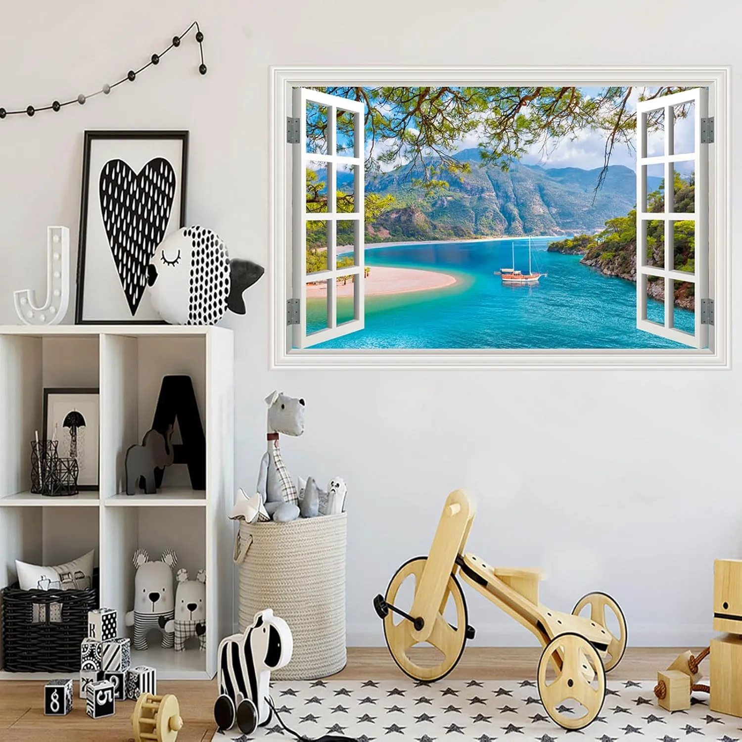 Fake Window Wall Sticker Summer Forest Mountain Trees Lake Faux Window Poster Decals Picture Open Office Wall Art Decor, Stick and Peel Natural Scenery Scene Mural 48"x32",Set of 2 Sheets