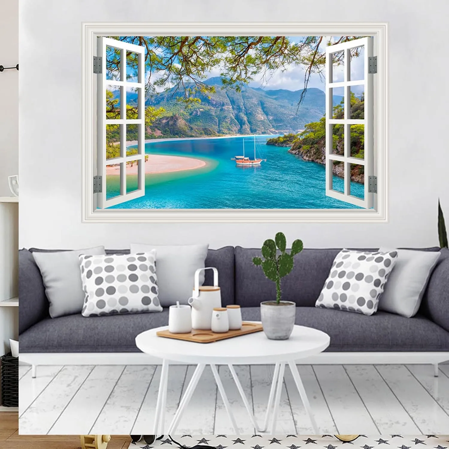 Fake Window Wall Sticker Summer Forest Mountain Trees Lake Faux Window Poster Decals Picture Open Office Wall Art Decor, Stick and Peel Natural Scenery Scene Mural 48"x32",Set of 2 Sheets