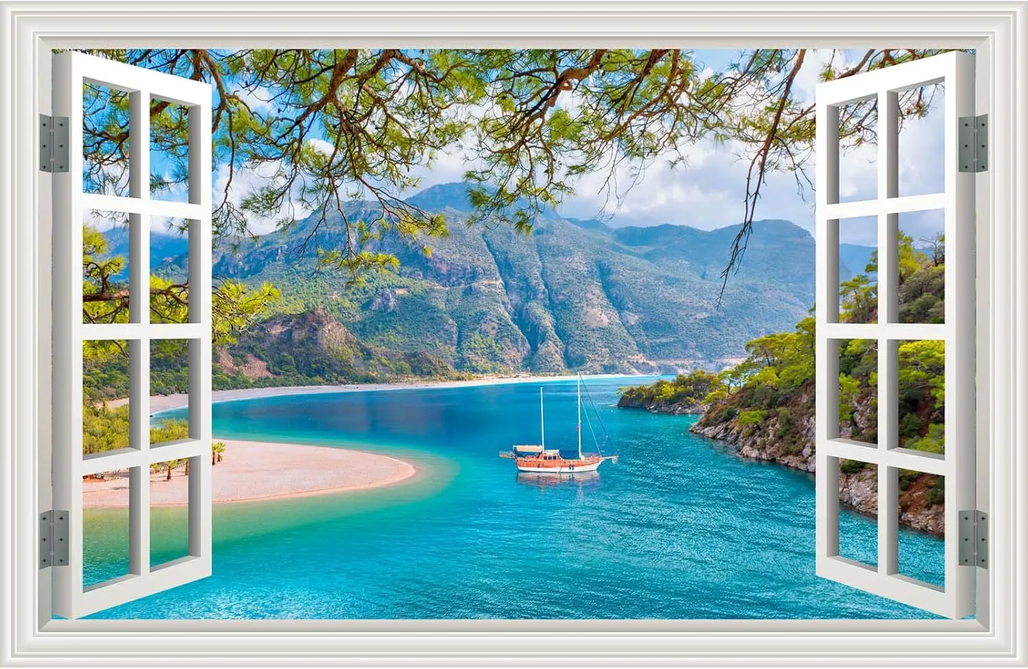 Fake Window Wall Sticker Summer Forest Mountain Trees Lake Faux Window Poster Decals Picture Open Office Wall Art Decor, Stick and Peel Natural Scenery Scene Mural 48"x32",Set of 2 Sheets