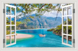 Fake Window Wall Sticker Summer Forest Mountain Trees Lake Faux Window Poster Decals Picture Open Office Wall Art Decor, Stick and Peel Natural Scenery Scene Mural 48"x32",Set of 2 Sheets