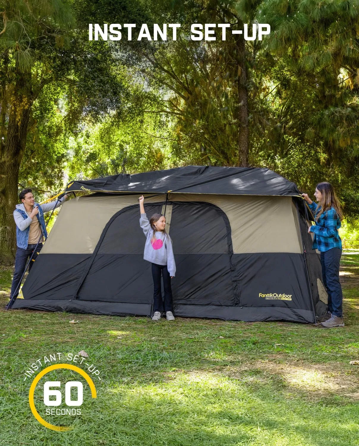 FanttikOutdoor Instant Cabin Tent 6/8/10/12 Person Camping Tent Setup in 60 Seconds with Rainfly & Windproof Portable with Carry Bag for Family Camping & Hiking, Upgraded Ventilation, Khaki