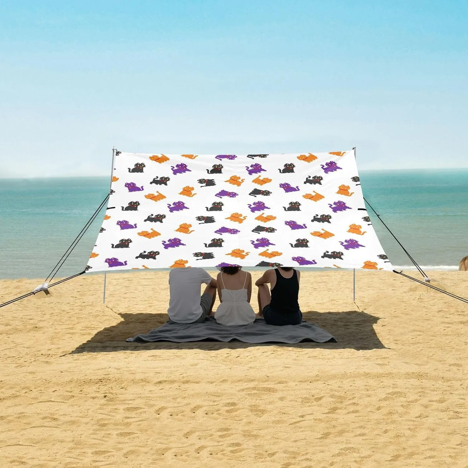 Fashion Pixel Cats Kittens Beach Canopy Tent Anti-UV & Wind Resistant, Camping Sun Shelter Easy Setup Portable,Outdoor Shade Tents with Sandbags,Sand Shovels,Ground Pegs & Stability Poles