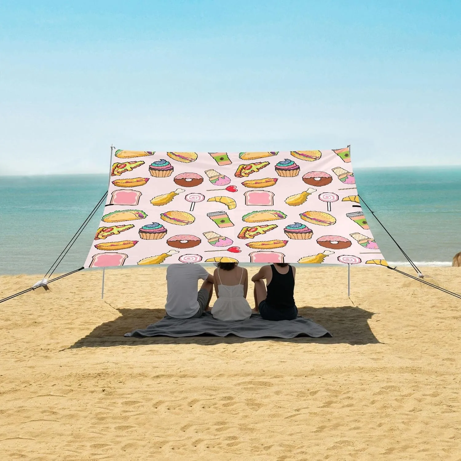 Fast Food Pattern in Pixel Art Beach Canopy Tent Anti-UV & Wind Resistant, Camping Sun Shelter Easy Setup Portable,Outdoor Shade Tents with Sandbags,Sand Shovels,Ground Pegs & Stability Poles