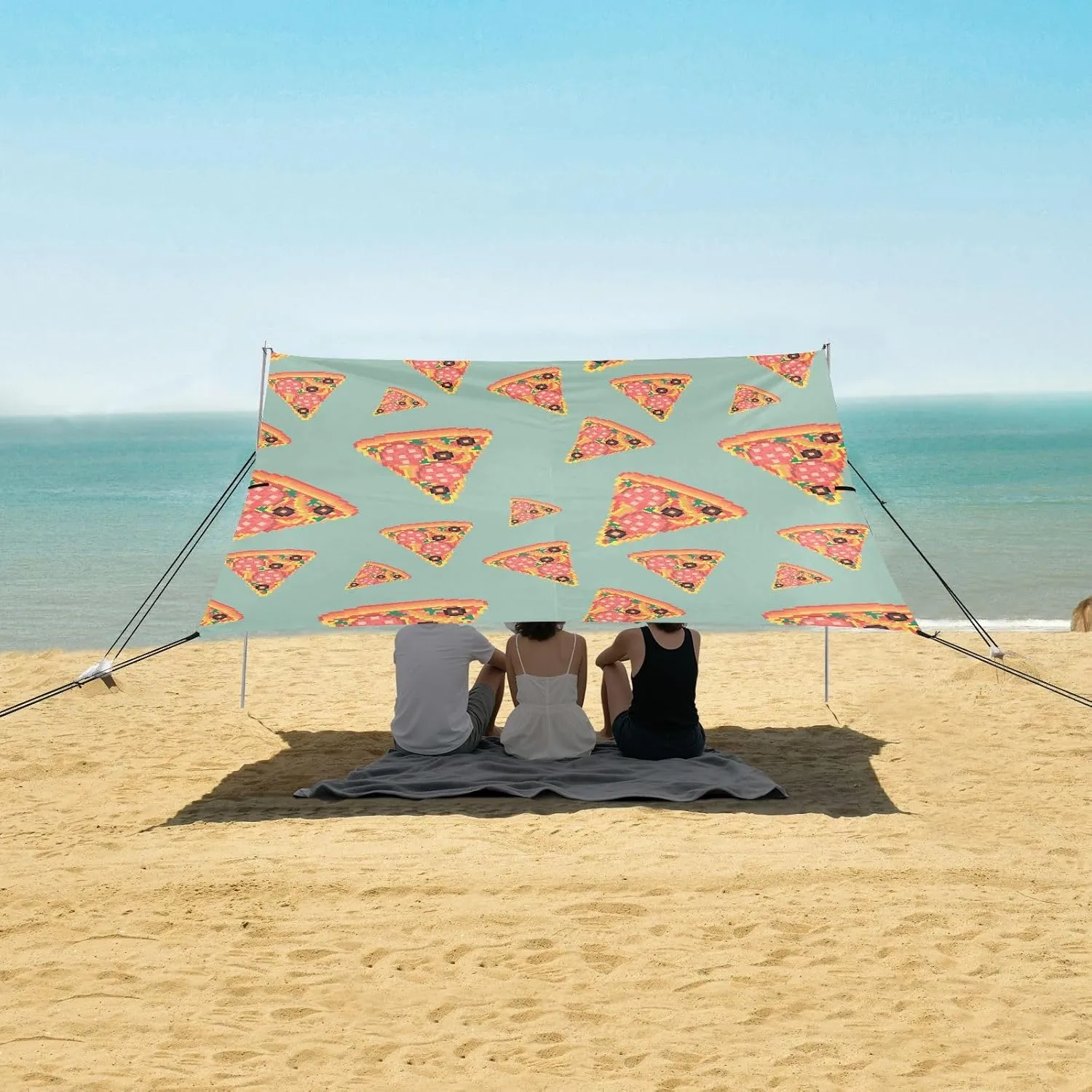Fast Food Pizza Pixel Art Beach Canopy Tent Anti-UV & Wind Resistant, Camping Sun Shelter Easy Setup Portable,Outdoor Shade Tents with Sandbags,Sand Shovels,Ground Pegs & Stability Poles
