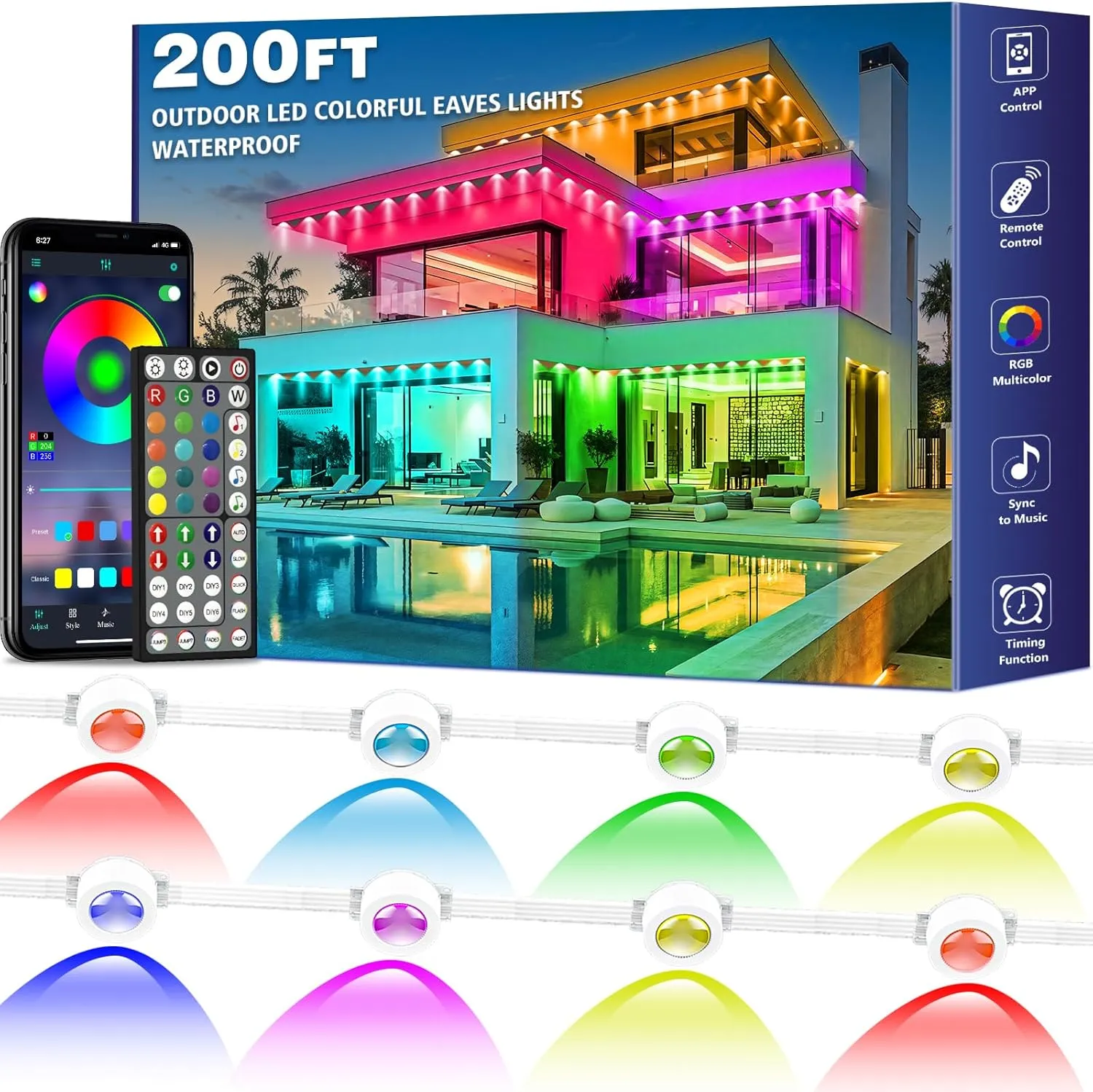 FBZ 150FT Permanent Outdoor RGB Lights - IP67 Waterproof with Smart App Control Remote, DIY Scene Modes, Music Synchronization, Eaves Lights for Garden Decor, Deck, Christmas (200FT)