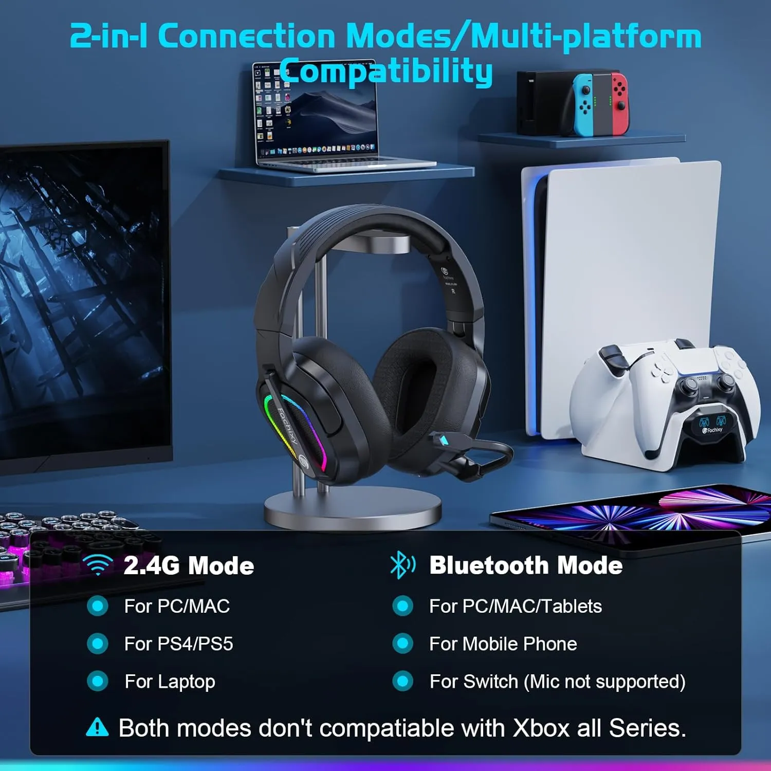 FC200 Wireless Gaming Headset for PS5, PS4-2.4GHz USB Foldable Headphones with Mic - 3D Stereo Bluetooth Headset with 50Hrs Battery Life, for Switch, PC, Mac, Mobile