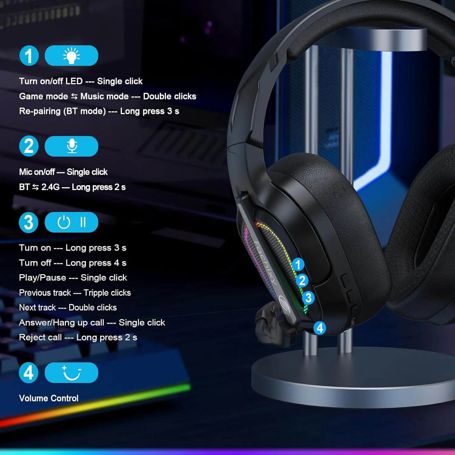 FC200 Wireless Gaming Headset for PS5, PS4-2.4GHz USB Foldable Headphones with Mic - 3D Stereo Bluetooth Headset with 50Hrs Battery Life, for Switch, PC, Mac, Mobile