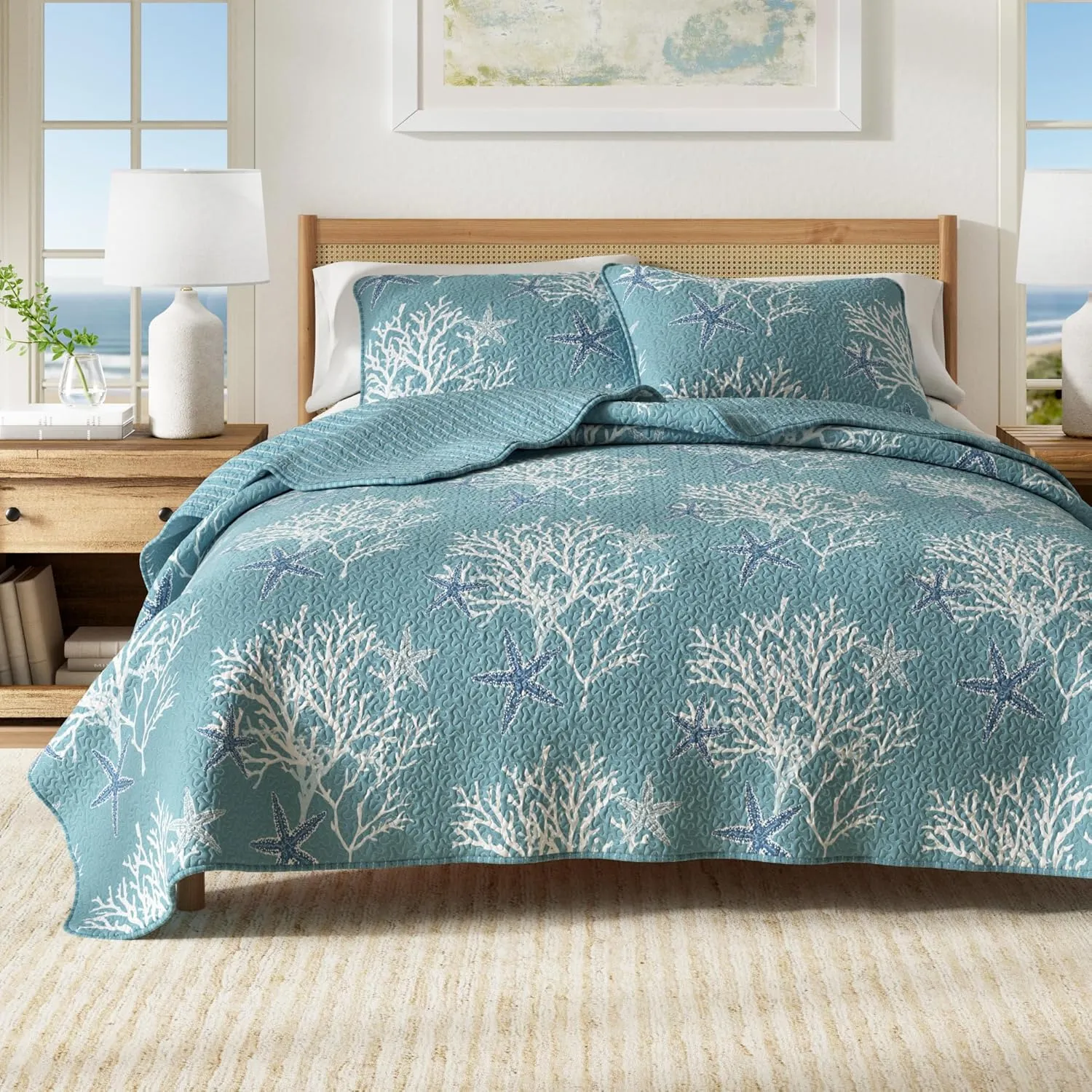 Fenwick Collection Ether Blue 3-Piece Reversible All Season Bedspread Set - Coastal Quilt with Shams, Lightweight Nautical Quilted Coverlet