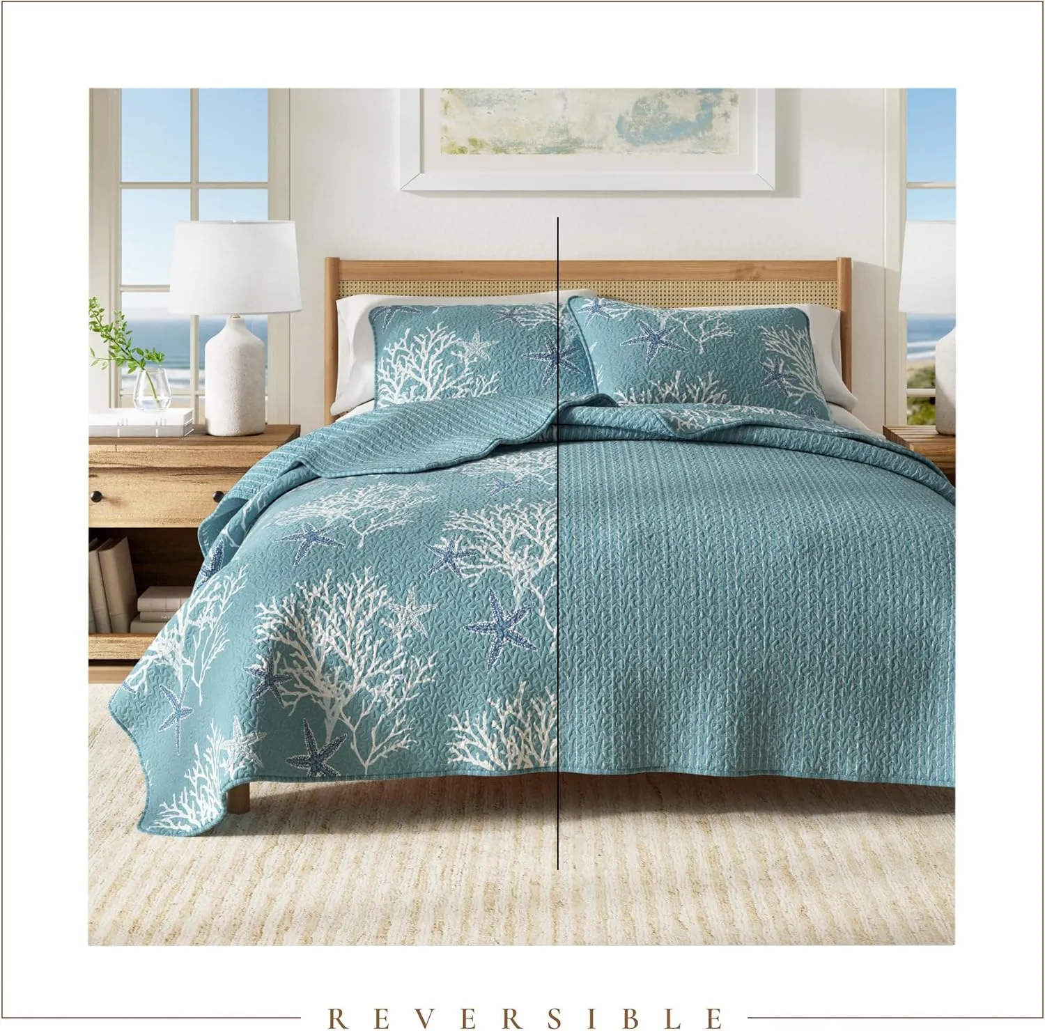 Fenwick Collection Ether Blue 3-Piece Reversible All Season Bedspread Set - Coastal Quilt with Shams, Lightweight Nautical Quilted Coverlet