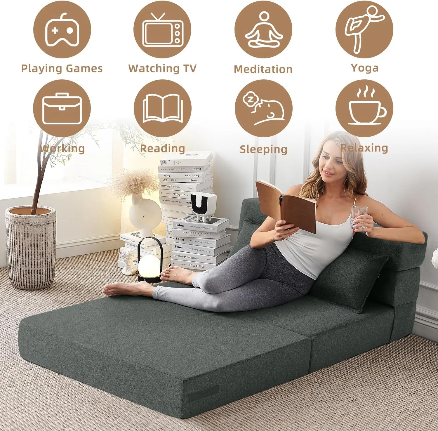 FILUXE Convertible Folding Sofa Bed - Sleeper Chair with Pillow, Modern Linen Fabric Floor & Futon Couch, Foldable Mattress for Living Room/Dorm/Guest/Home Office/Apartment, Standard Size, Dark Gray