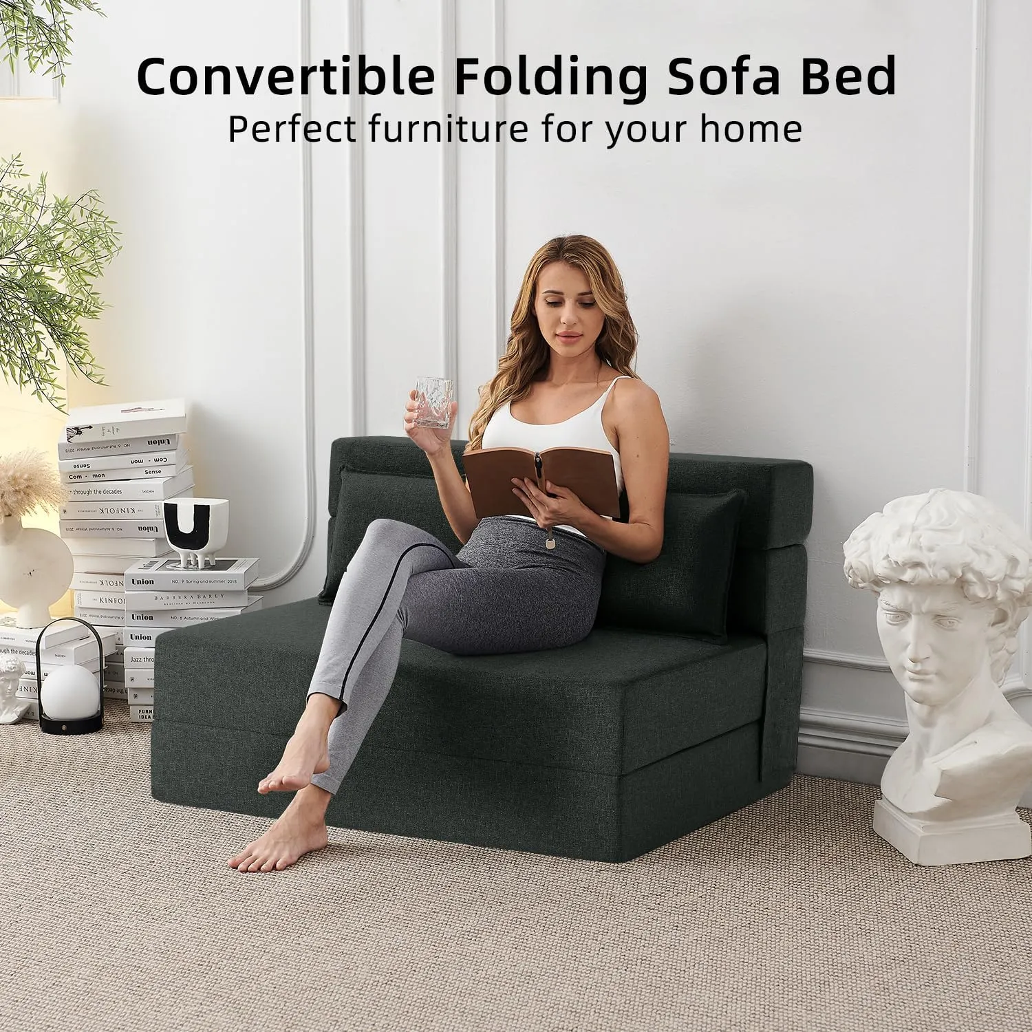FILUXE Convertible Folding Sofa Bed - Sleeper Chair with Pillow, Modern Linen Fabric Floor & Futon Couch, Foldable Mattress for Living Room/Dorm/Guest/Home Office/Apartment, Standard Size, Dark Gray