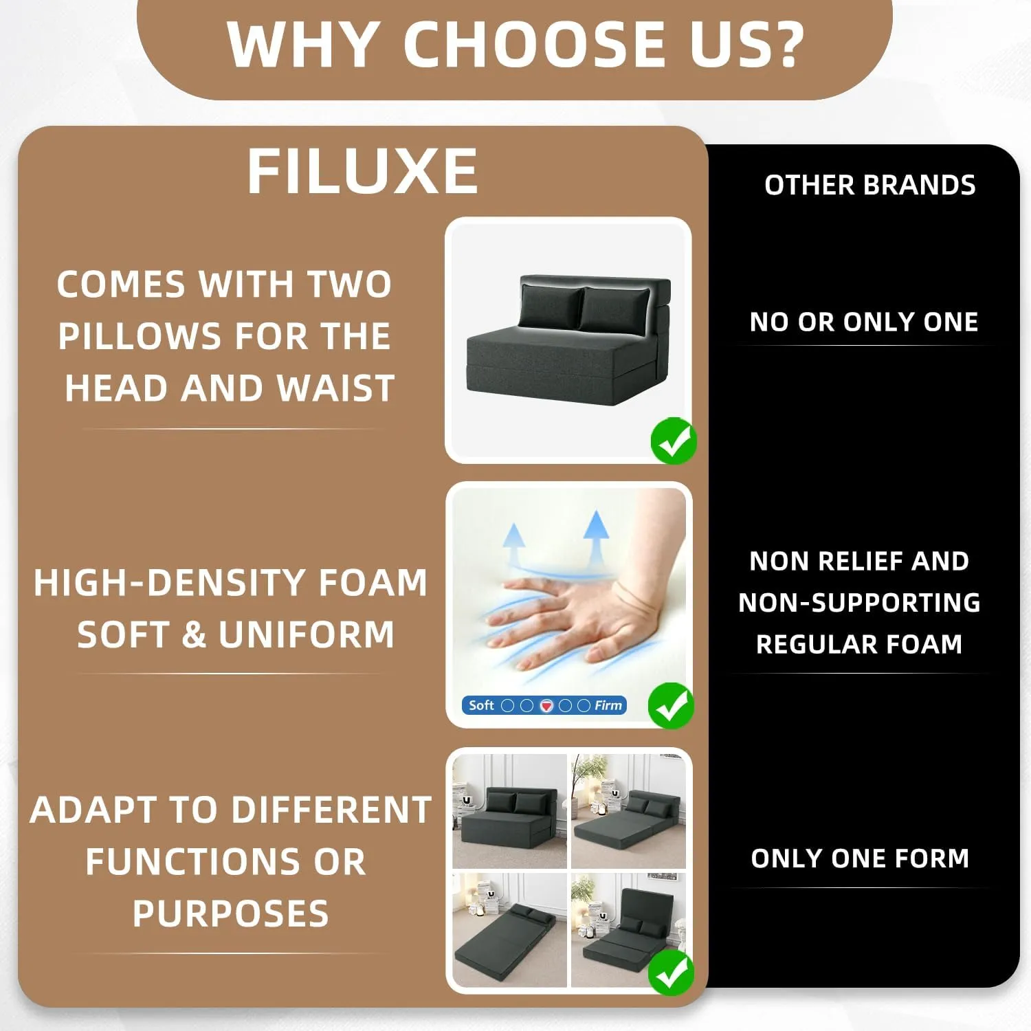 FILUXE Convertible Folding Sofa Bed - Sleeper Chair with Pillow, Modern Linen Fabric Floor & Futon Couch, Foldable Mattress for Living Room/Dorm/Guest/Home Office/Apartment, Standard Size, Dark Gray
