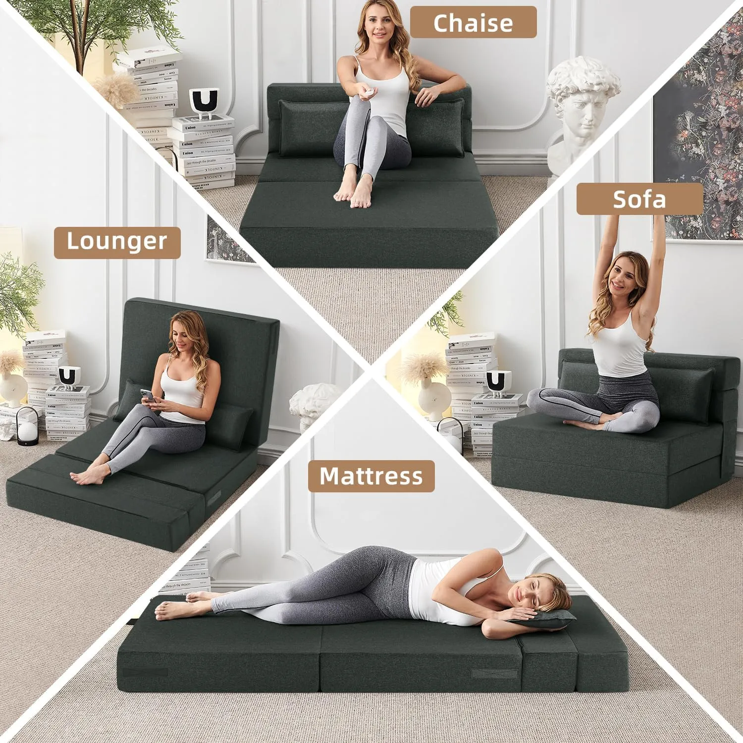 FILUXE Convertible Folding Sofa Bed - Sleeper Chair with Pillow, Modern Linen Fabric Floor & Futon Couch, Foldable Mattress for Living Room/Dorm/Guest/Home Office/Apartment, Standard Size, Dark Gray