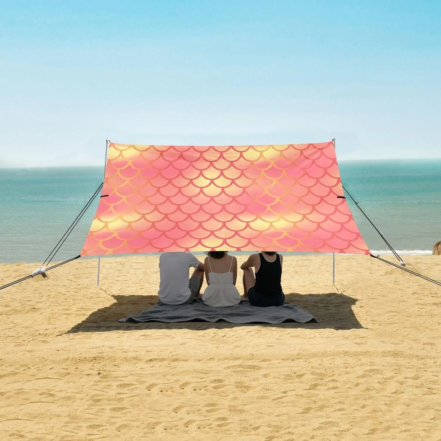 Fish Scales Summer Beach Canopy Tent Anti-UV & Wind Resistant, Orange Glitter Camping Sun Shelter Easy Setup Portable,Outdoor Shade Tents with Sandbags,Sand Shovels,Ground Pegs & Stability Poles