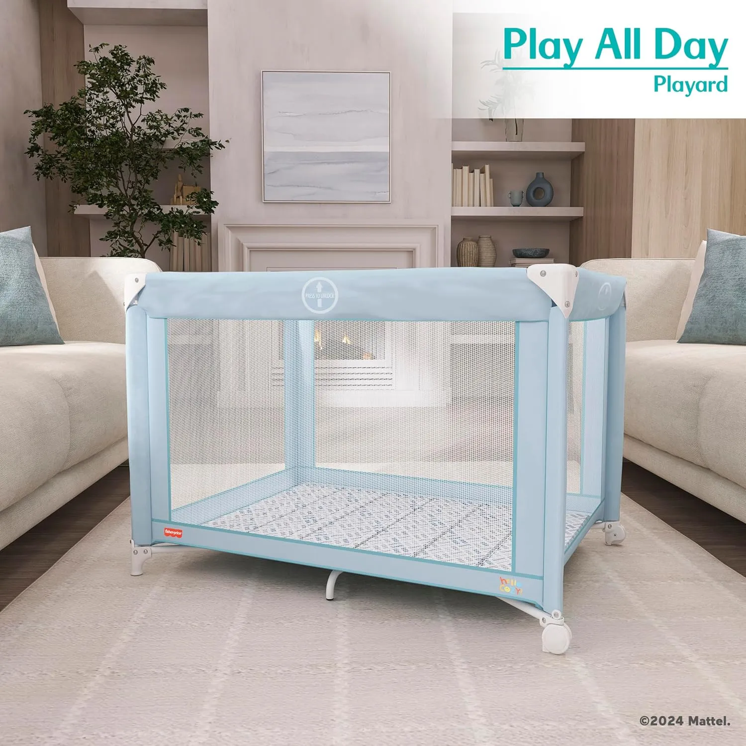 Fisher-Price Play All Day Baby Playard in Moon Mist, No Tool Assembly, Easy One-Hand Fold Playard, Breathable Mesh Sides, Carry Bag Included
