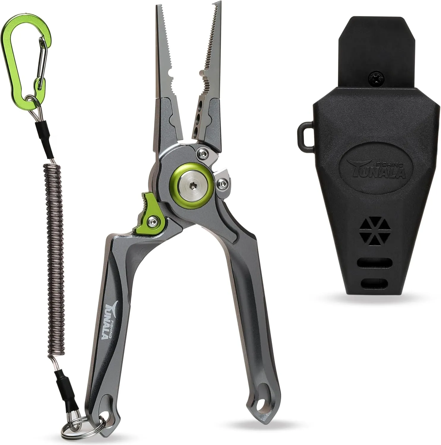 Fishing Pliers, Cut Braided & Fluorocarbon Lines, Hook Remover, Locking, Split Ring, Multi Tool, Hard Rubberized Sheath, Gift for Fisherman