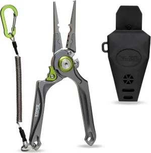 Fishing Pliers, Cut Braided & Fluorocarbon Lines, Hook Remover, Locking, Split Ring, Multi Tool, Hard Rubberized Sheath, Gift for Fisherman