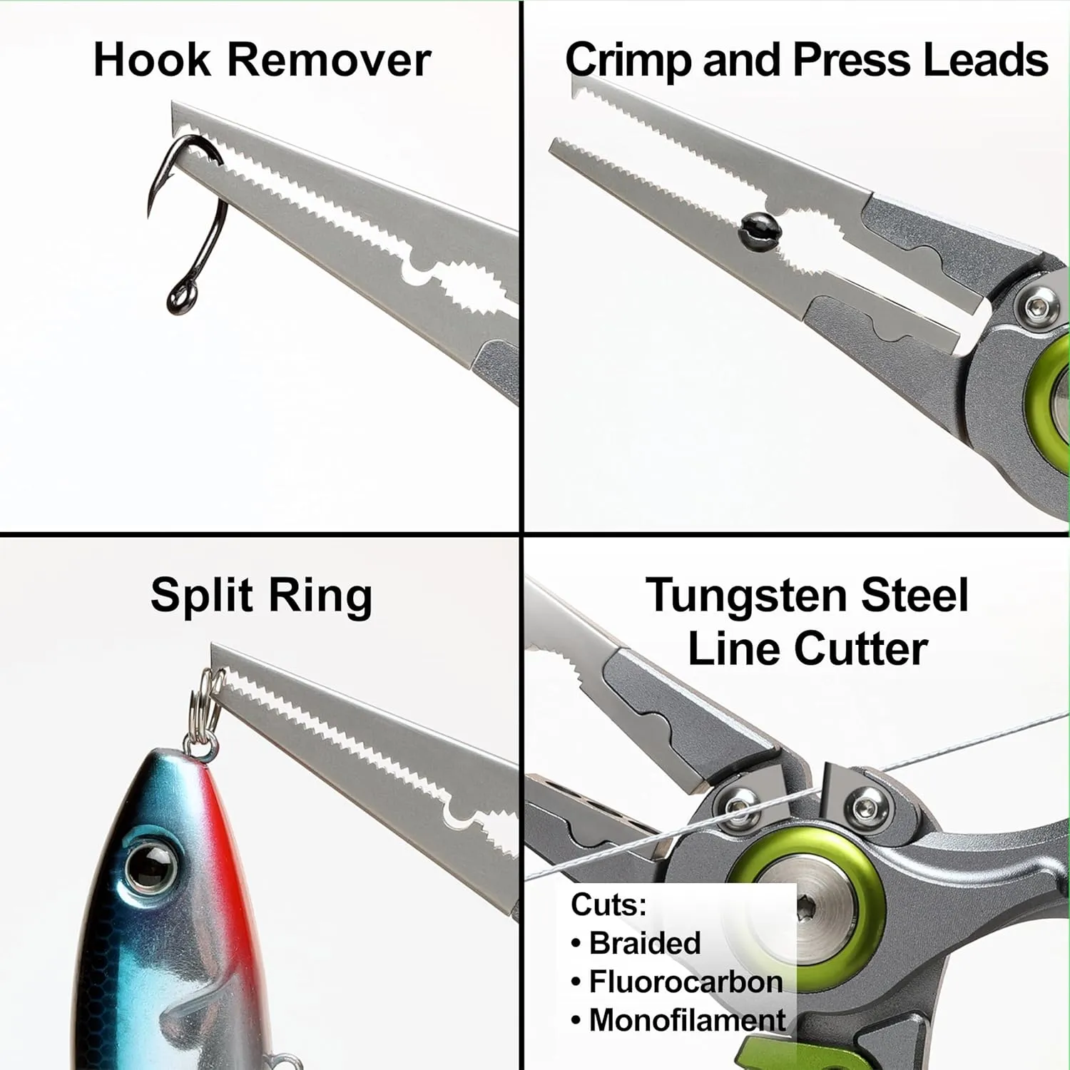 Fishing Pliers, Cut Braided & Fluorocarbon Lines, Hook Remover, Locking, Split Ring, Multi Tool, Hard Rubberized Sheath, Gift for Fisherman