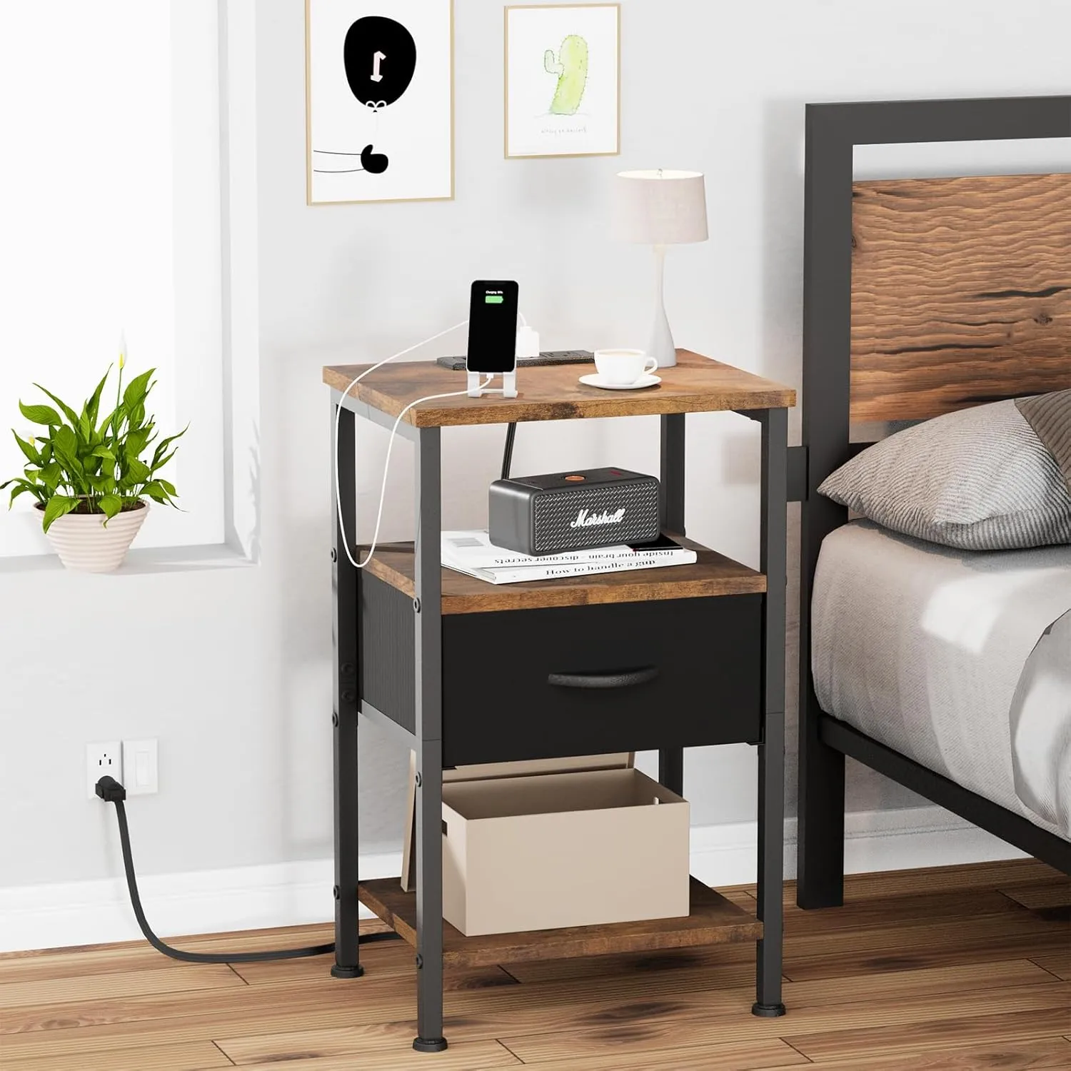 Fixwal Night Stand with Charging Station, Adjustable Bed Side Table with Fabric Drawer, Farmhouse End Table, Bedside Table with Storage, Rustic Brown