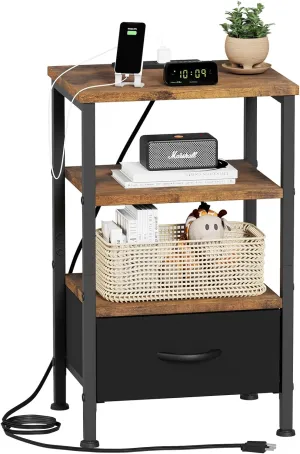 Fixwal Night Stand with Charging Station, Adjustable Bed Side Table with Fabric Drawer, Farmhouse End Table, Bedside Table with Storage, Rustic Brown