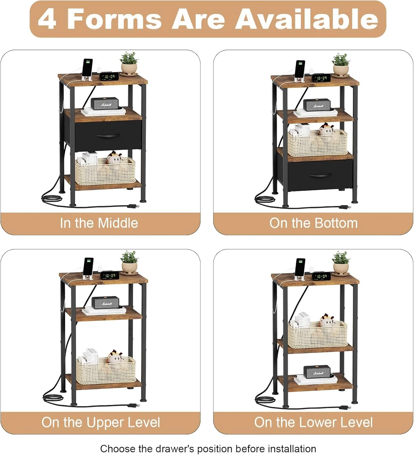 Fixwal Night Stand with Charging Station, Adjustable Bed Side Table with Fabric Drawer, Farmhouse End Table, Bedside Table with Storage, Rustic Brown