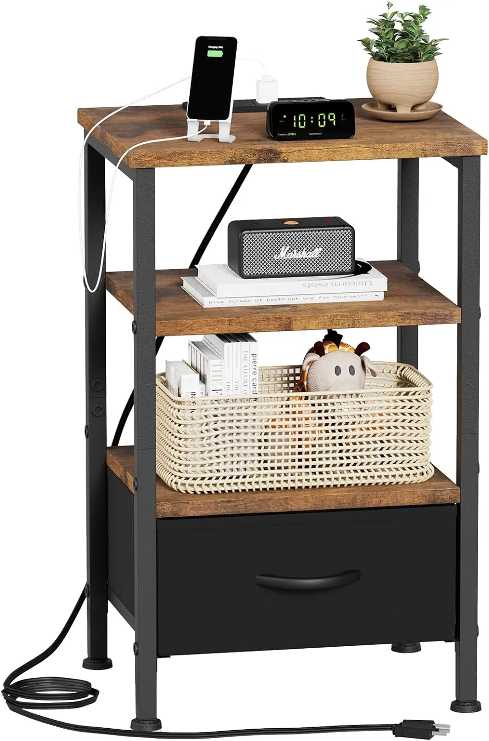 Fixwal Night Stand with Charging Station, Adjustable Bed Side Table with Fabric Drawer, Farmhouse End Table, Bedside Table with Storage, Rustic Brown