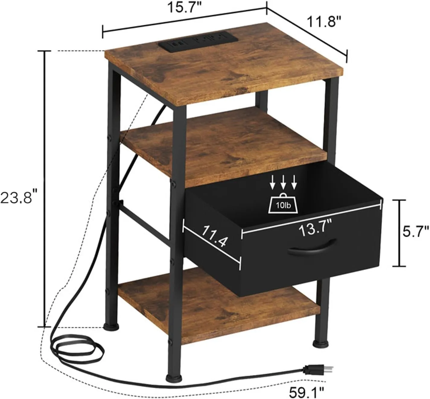 Fixwal Night Stand with Charging Station, Adjustable Bed Side Table with Fabric Drawer, Farmhouse End Table, Bedside Table with Storage, Rustic Brown