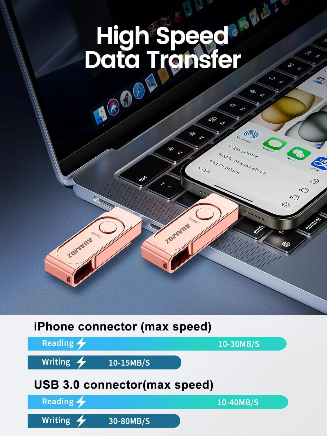Flash Drives 256GB Intended for iPhone iPad, Memory Stick Storage for Photos and Videos Backup, Compatible with iPhone iPad Android and Computers (Rose Gold)