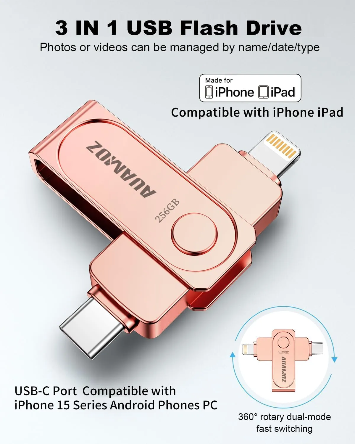 Flash Drives 256GB Intended for iPhone iPad, Memory Stick Storage for Photos and Videos Backup, Compatible with iPhone iPad Android and Computers (Rose Gold)