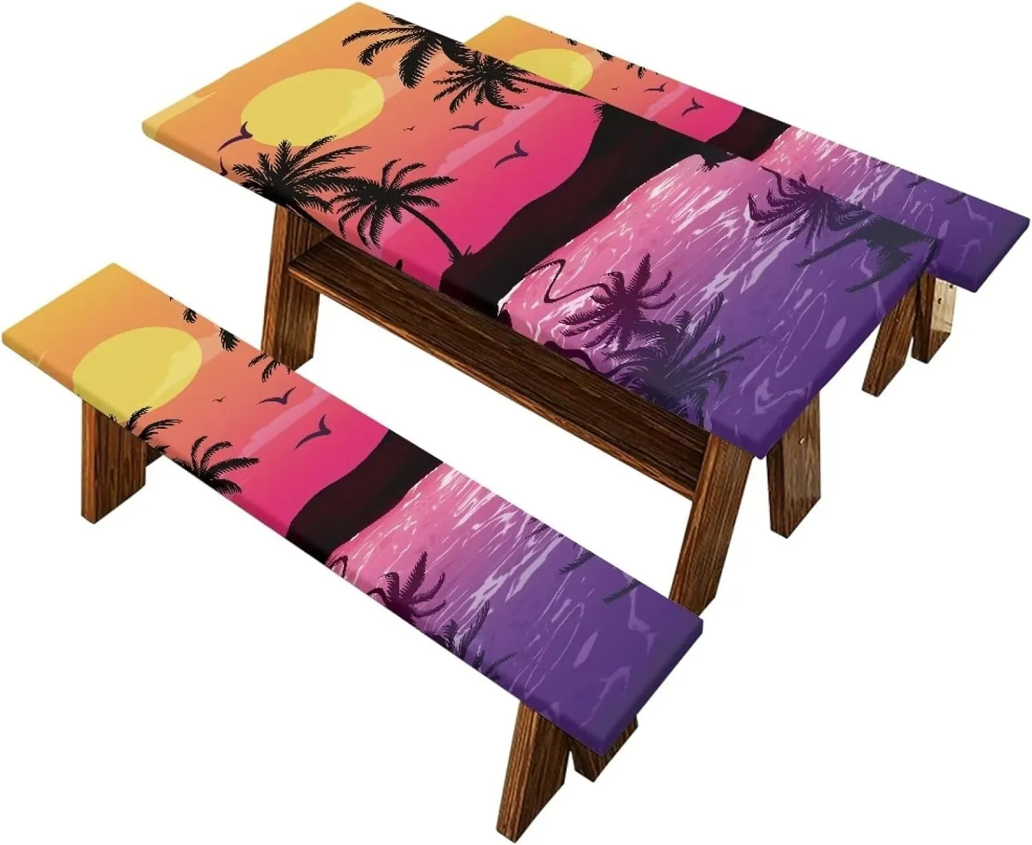 Flashideas Sunset Picnic Table Cover with Bench Covers Camping Essentials Fitted Tablecloth with Elastic Fitted Tablecloth for Tables for Outdoor,Picnic,Camping