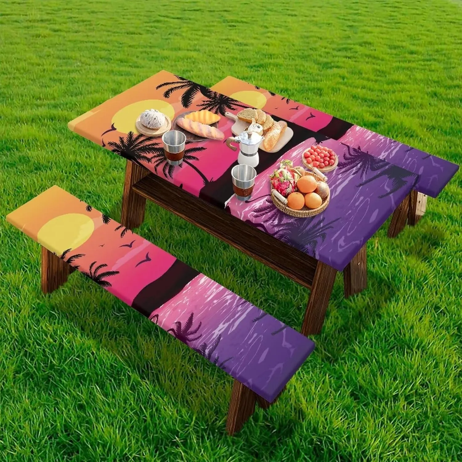 Flashideas Sunset Picnic Table Cover with Bench Covers Camping Essentials Fitted Tablecloth with Elastic Fitted Tablecloth for Tables for Outdoor,Picnic,Camping